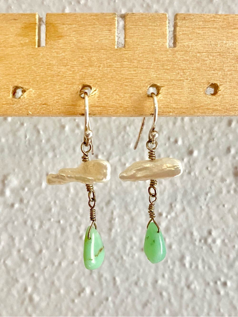 Handmade freshwater pearl and sea glass sterling silver beaded dangle earrings